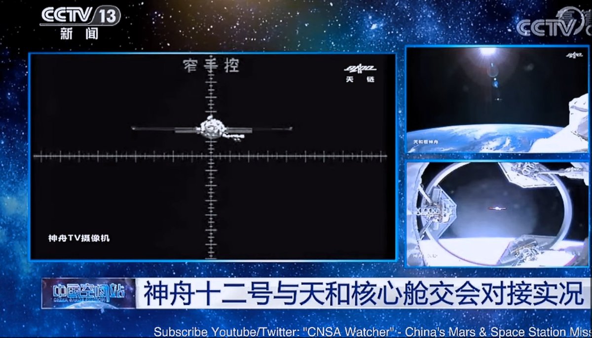FronteraSpacial's tweet photo. El acoplamiento de la nave espacial tripulada 👨‍🚀👨‍🚀👨‍🚀 #Shenzhou12 al módulo #Tianhe de la Estación Espacial China está a punto de completarse.

Puedes seguirlo en directo en: https://t.co/7aG6kLmlqF https://t.co/0ST4lw98T0
