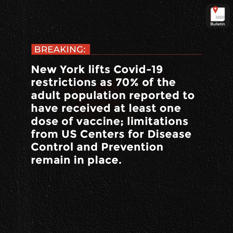 bulletin_eng's tweet photo. New York to lift Covid-19 restrictions, 70% of adults received at least one dose of vaccine.
.
.
.
.
.
.
.
.
.

#FeedBulletin #DailyBullets #24x7Bulletin #TodayBulletin #BulletinCards #BulletSynopsis #Covid_UPDATE #NewYork #Vaccinated #70percent #usa #DieseaseControl #america https://t.co/FgxfHqlMCA