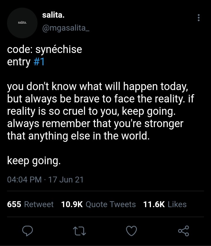 Code: SynéchiseA sunki au wherein kio (nk) a man with a fcked up life, drunked call an unknown number happened to be sai (sn). As an anonymous handler of inspirational quote page on twt, sai always dedicates inspirational messages for him, together with a code.