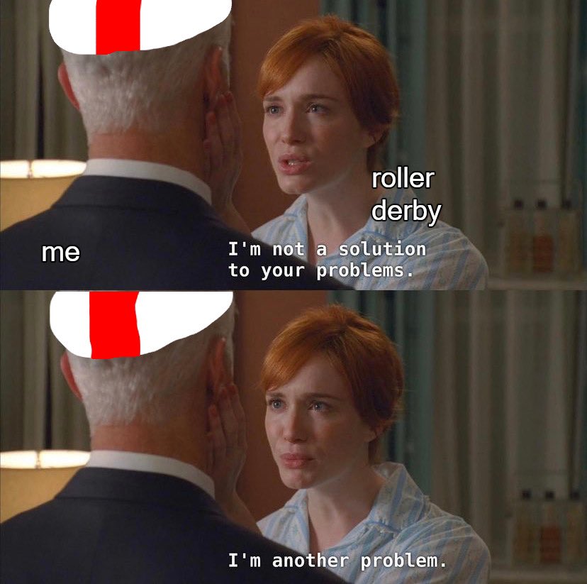 KnightsofOldham's tweet photo. We’re just in the process of figuring out where we stand in relation to the updated WFTDA return to play guidance - in the meantime here’s a meme featuring one of our recruitment slogans. 😂🛼🛡⚔️ https://t.co/9y74w1WJLe