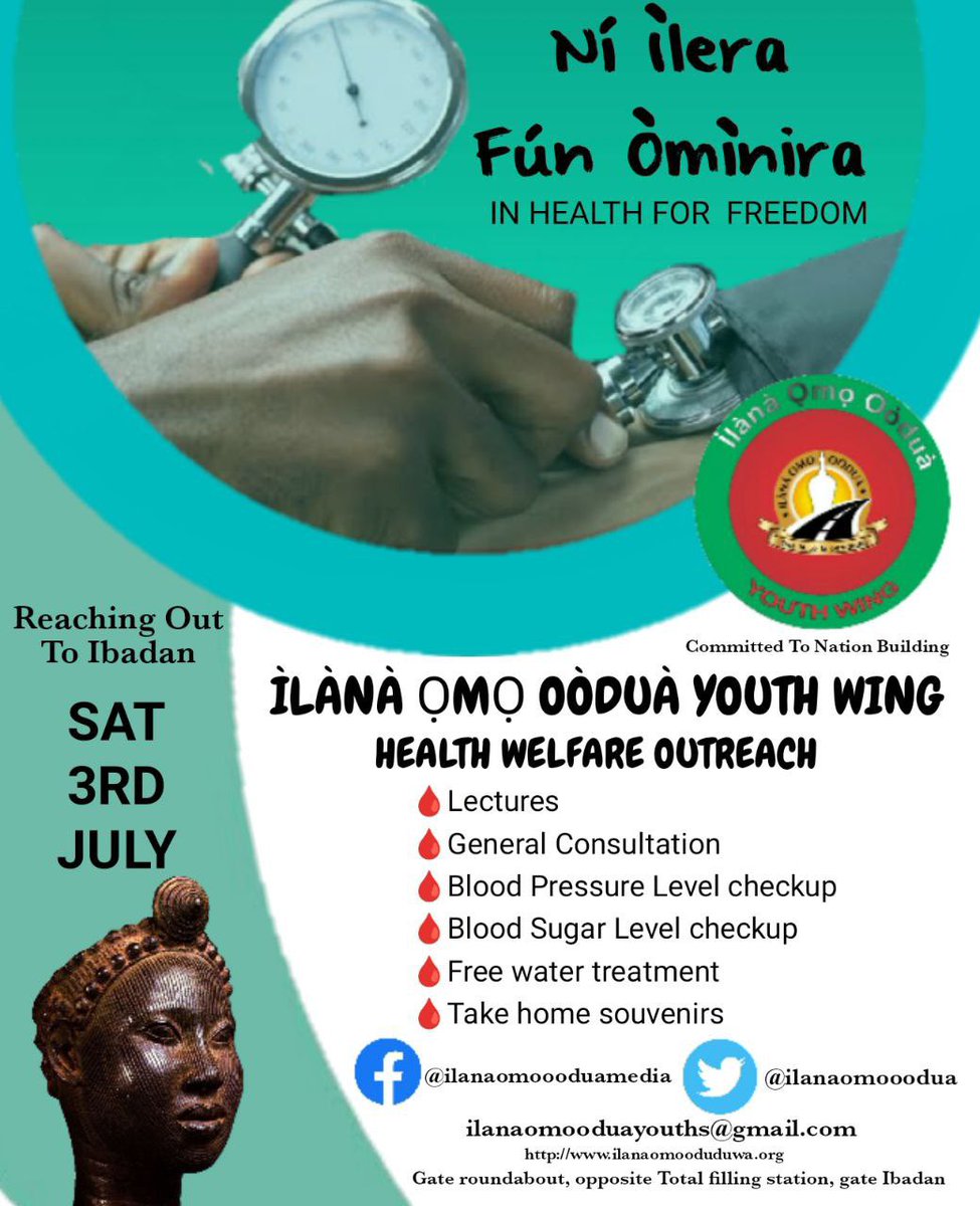 KoikiMedia's tweet photo. Ìlànà Ọmọ Oòduà Youthwing (IOOYW) will host a health welfare outreach program in Ibadan on the 3rd of July 2021.
See below poster for more details
#CommittedToNationBuilding
#Yorubanationnow
#EndNigeriaAndSaveLives @yomez06 https://t.co/XrYSt1ICEH