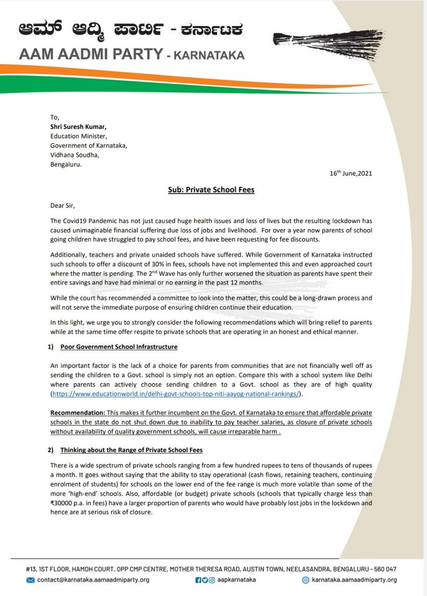 AAPBangalore's tweet photo. Suggestions
@nimmasuresh
to resolve School fees issue
1)Grade school based on fees,in budget schools pay teachers salary or give scholarship of Rs15000/student
2)Interest free loans to buy Smartphones
3)Establish School Management committee
#LearningMustContinue https://t.co/cjw2gMk0ae