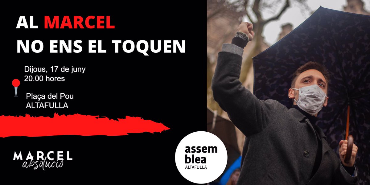 #Altafulla es solidaritza amb <a href="/MarcelVR1/">Marcel Vivet Regalón</a> condemnat a 5 anys de presó per protestar contra aquells que pretenien celebrar la represió del 1d'Oct del 2017📅 Dijous 17 de juny a les 20.00 a la Plaça del Pou