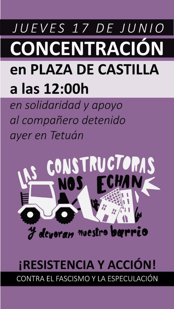 prospe_16's tweet photo. Concentración en los juzgados de Plaza Castilla en solidaridad con el compañero detenido ayer en Tetuán.
Todo nuestro apoyo ✊ https://t.co/LVxN1FuqFL