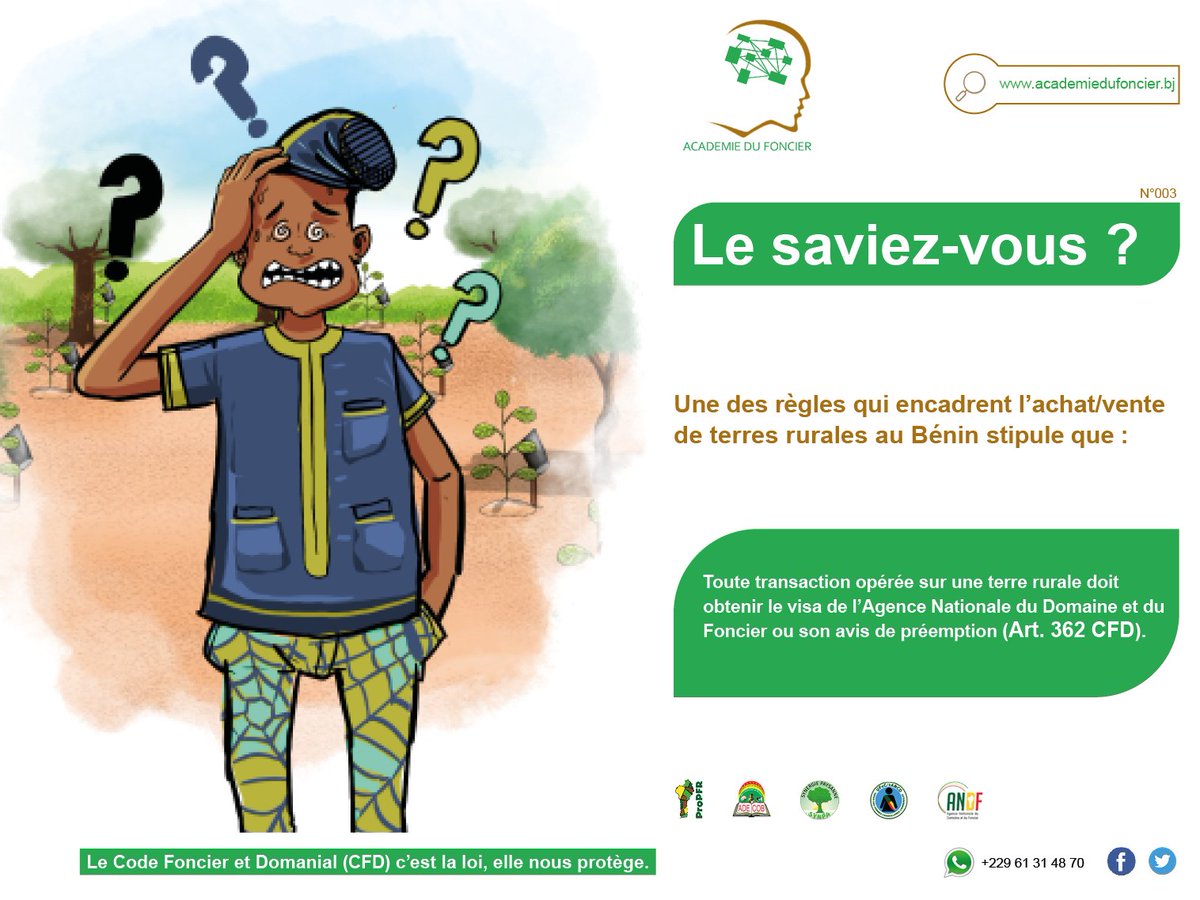 FoncierDu's tweet photo. LE SAVIEZ-VOUS ?
Les achats et ventes de terres rurales au Bénin sont encadrés par la loi.
#ProPFR https://t.co/sDDLdEkwVq