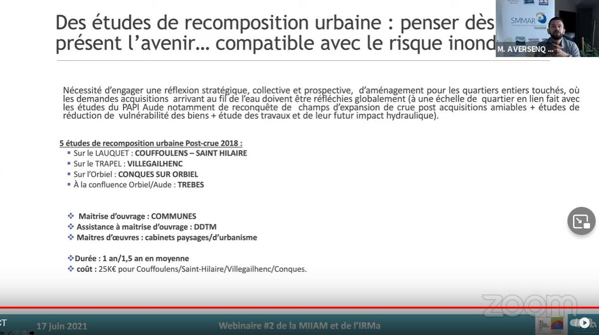 RisquesMajeurs's tweet photo. #WebinaireIRMa / @JM_AVERSENQ du @EPTB_AUDE_SMMAR 
📌Focus sur #REX de la crue de l'#Aude en 2018
👉200 #collterr classées #catnat 
👉1700 #PHCE
🎯Gestion inter-services essentielle à l'efficacité de la réponse opérationnelle sur la durée
➡️extrême urgence, urgence, reconstruc° https://t.co/z6Tb90J37K