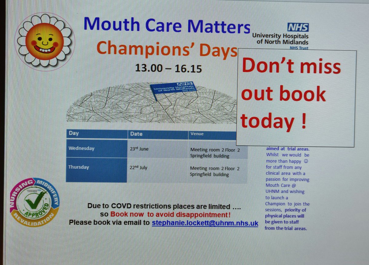MattersMouth's tweet photo. We are extremely excited to announce the first Champions sessions for staff wishing to join the drive to improve mouth care for inpatients at UHNM. Sessions will be lively and informative .... and revalidation accredited. 
Please book early to avoid disappointment. https://t.co/BNKP3Zc9z7