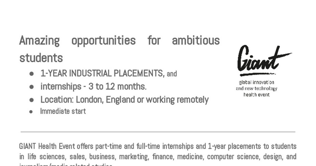 Do you want to be part of a lively team to improve the health and well-being of people around the world?

GIANT Health offers part-time and full-time #internships and 1-year industrial placements to #students.
Apply👇
docs.google.com/document/d/1vQ…
#Healthtech #recruitment #innovation
