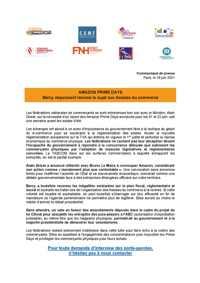 CamfOfficiel's tweet photo. #Sauvonsnoscommerçants
Face à l'impuissance du Gouvernement contre les pratiques déloyales d'@amazon , les représentants des commerçants de France appellent au boycott des #amazondays ! Respecter le commerce physique et consommer local c'est notre conviction !
#commerce #soutien https://t.co/hWSbH2s6Hv