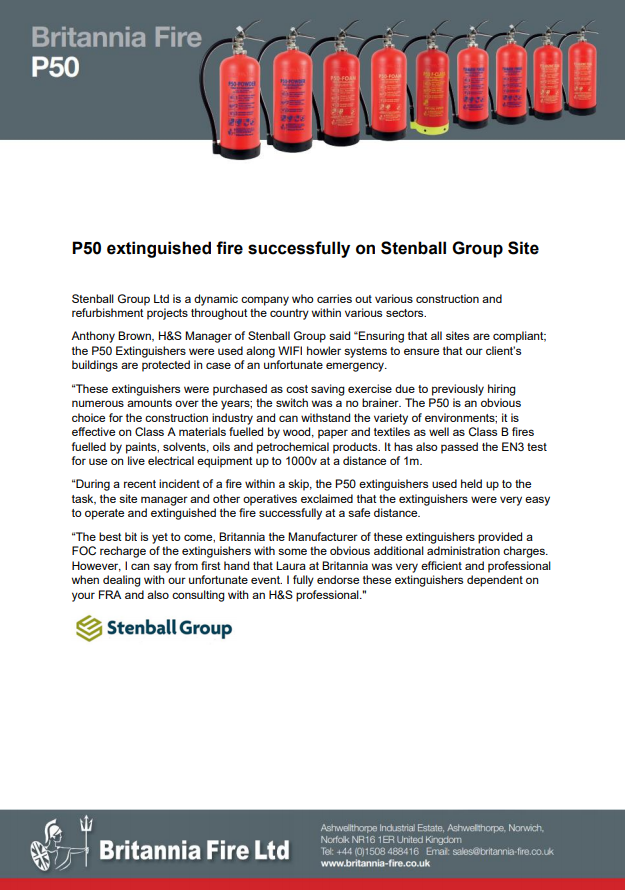 'The P50 extinguished the fire successfully at a safe distance' said Anthony Brown, H&amp;S Manager of Stenball Group.
#p50fireextinguisher #p50extinguisher #britishmanufacturing #safety #firesafety #fire #healthandsafety #quality #qualityproducts #madeinbritain #manufacturinguk