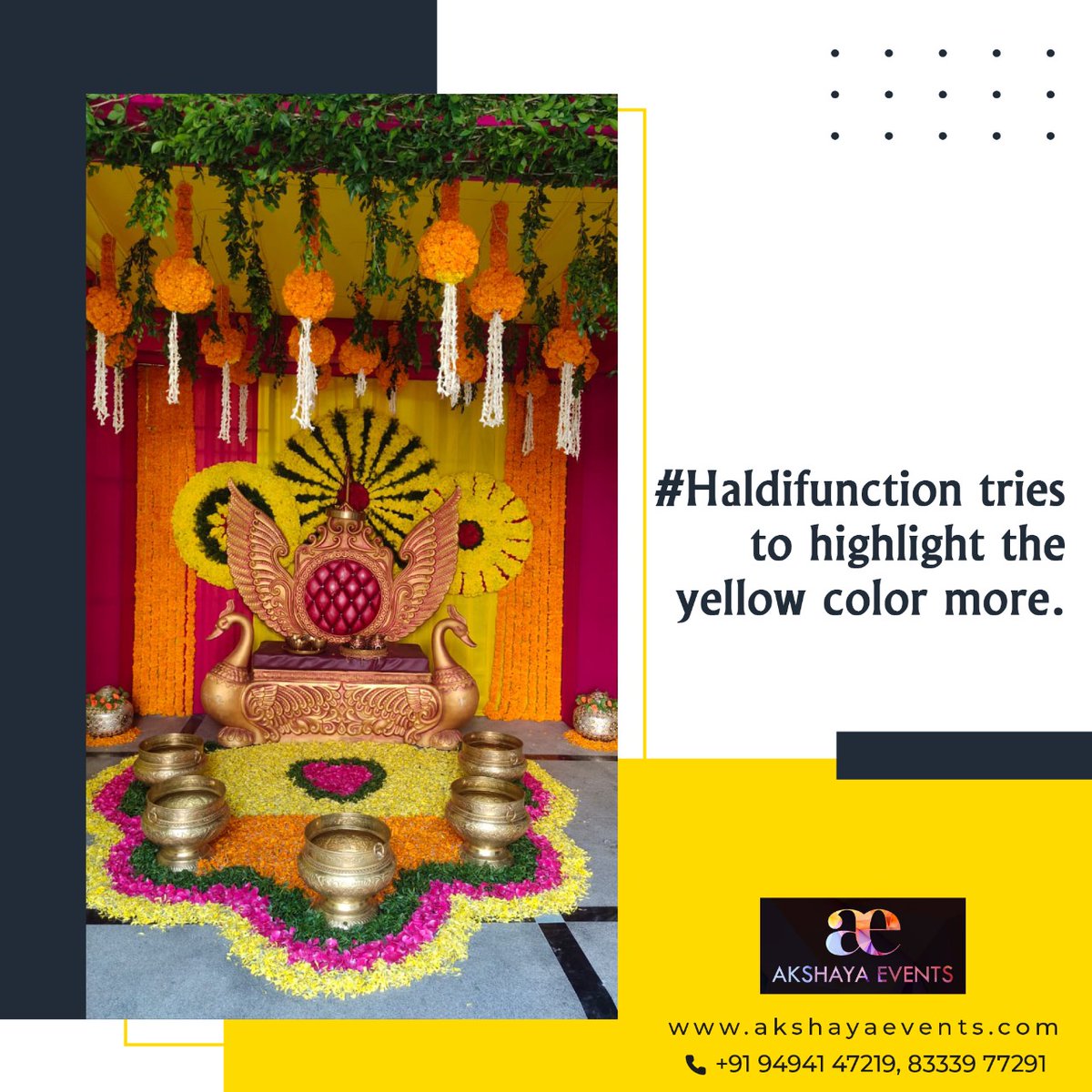 #Haldifunction tries to highlight the yellow color more.

 Contact: +91- 9494147219, 8333977291
#weddingplanning #WeddingPlannerInHyderabad #TopWeddingPlannersInHyderabad #AkshayaEvents  #Eventplannerinhyderabad #weddingreceptiondecoration #receptiondecoration #wedding #EVENT