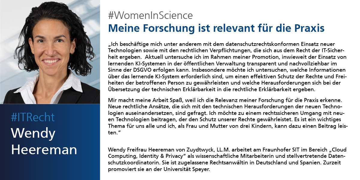 ATHENECenter's tweet image. #WomenInScience: Wendy Heereman schlägt bei ihrer Arbeit am @FraunhoferSIT eine Brücke zwischen #ITRecht und #Cybersicherheit. Im Rahmen ihrer Promotion untersucht sie, wie lernende KI-Systeme in der öffentlichen Verwaltung datenschutzkonform eingesetzt werden können.