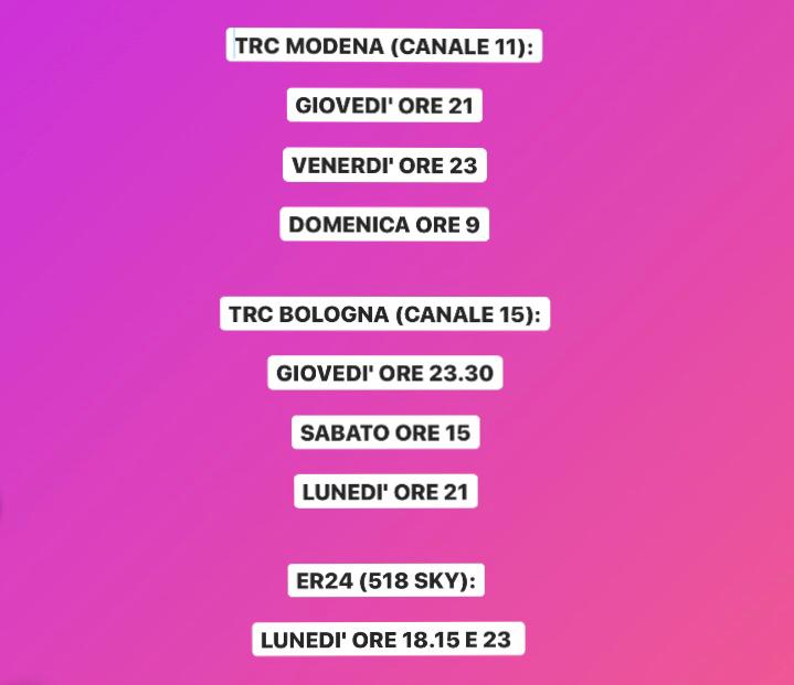 MatteoMacchioni's tweet photo. Con Federica Galli, in onda su @trc_tv nel contenitore Trend una mia chiacchierata. Dalle ore 21 su Trc Modena e in replica (come da foto). 

Vi aspetto! https://t.co/ZneC4u2rd9