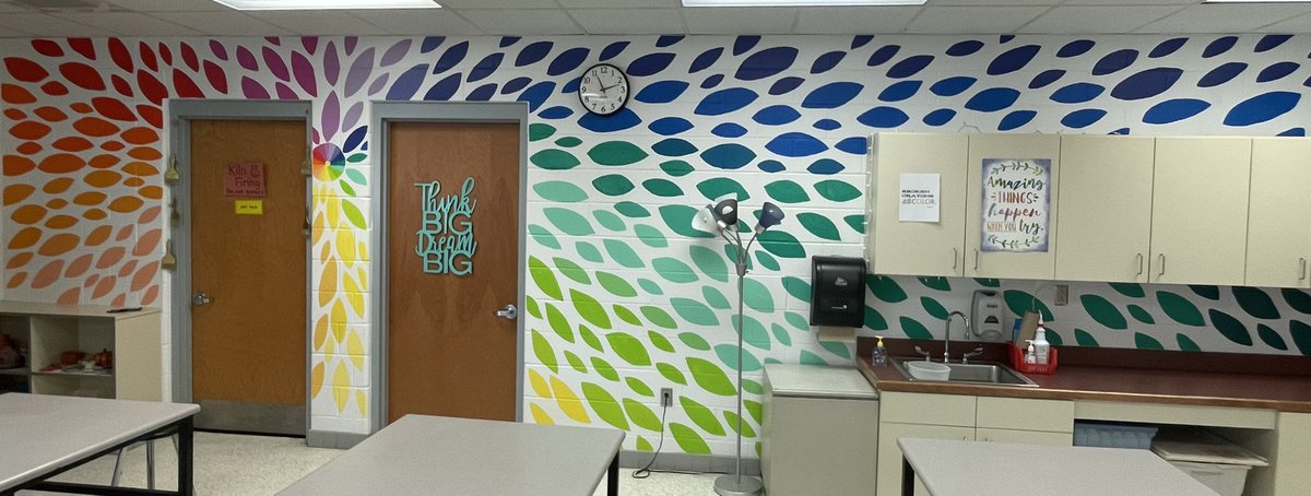 Classroom mural is finished! And it makes me smile! 💙🧡💙🧡 #elementaryart #artteacher <a href="/KESIndians/">KempsvilleElementary</a> #artist #mural #artclass