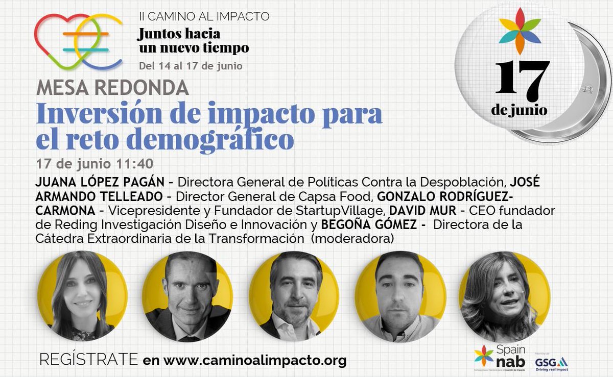 ¡Hoy a las 11:40, no te lo pierdas!

#InversióndeImpacto para el reto demográfico en <a href="/SpainNAB/">SpainNAB</a> con <a href="/logan4105/">Juana López Pagán</a> del <a href="/mitecogob/">Transición Ecológica y Reto Demográfico</a>, José Armando Tellado de <a href="/LecheAsturiana/">Central Lechera Asturiana</a>, <a href="/Grcarmona/">Gonzalo Rodríguez-Carmona</a> de <a href="/StartupVillagEU/">startupvillage.eu</a>, David Mur de <a href="/hostalia/">Hostalia</a> y Begoña Gómez de <a href="/TSCompetitiva/">Transformación Social Competitiva</a> 

spainnab.org/camino-al-impa…