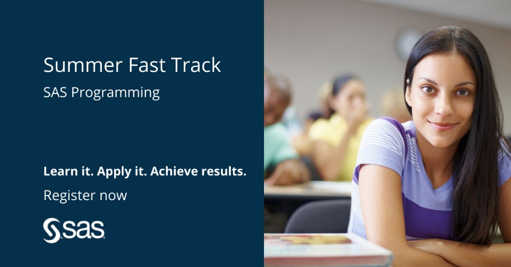 SAS_Netherlands's tweet image. This summer, learn #programming from home with #SASexperts.
Start your Summer Fast Track from 9th to 13th of August 

2.sas.com/6016yzsIO
#SASOpleiding