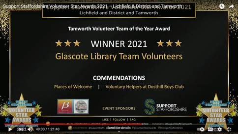 Congratulations to the Glascote Community Managed Library volunteers for winning the Tamworth Volunteer Team of the Year at the @SupportStaffs Volunteer Star Awards! What great news and really well deserved <a href="/SCCCCM/">Chris Plant</a> <a href="/mpftnhs/">Midlands Partnership University NHS FT</a> <a href="/StaffsLibraries/">Staffordshire Libraries</a> @CatherineMann_