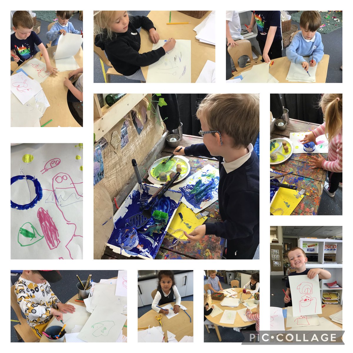 BowhouseBairns's tweet photo. Our wee people @BowhouseBairns have been exploring different provocations to mark make. “That’s squiggles”, “it look like waves”, “I made a circle”, “ blue and yellow make green”. These are only a few of their comments. @alicesharp66 @FalkirkELC #literacy #finemotorskills https://t.co/fSFRxR18lX