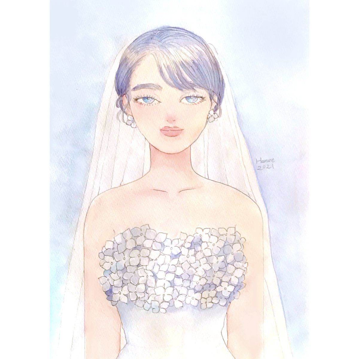 June Bride 紫陽花のウェディングドレス Galleryハルイトさんの ハルイト 紫陽花展 に参加します あじさい Hydrangea イラスト アナログイラスト 透明水彩 Illustration Art Watercolor ハルイト紫陽花展 あじさい Hydrangea イラスト