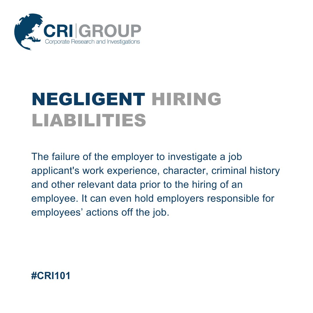 crigroup's tweet photo. #CRI101 | The very reason why employee background screening is crucial than ever. It's to avoid your organisation dragged into negligent hiring liabilities. Get our FAQ eBook on employee background screening risks. https://t.co/CPZo8jUvuY
#EmploySmart #HR #HRManager https://t.co/Bm9Gtnx9ws