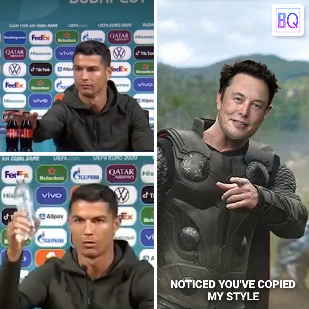BitQuestDigital's tweet photo. We decided to dip our toes in the trend too!

Ronaldo removes 2 bottles of Coca-Cola in #Euros2021  and Coca-Cola loses $4 Bn. 

Sounds familiar? 

#ronaldococacola #TrendingNow #bitquestofficial #memesdaily #ElonMusk https://t.co/Ml0ADuycIc