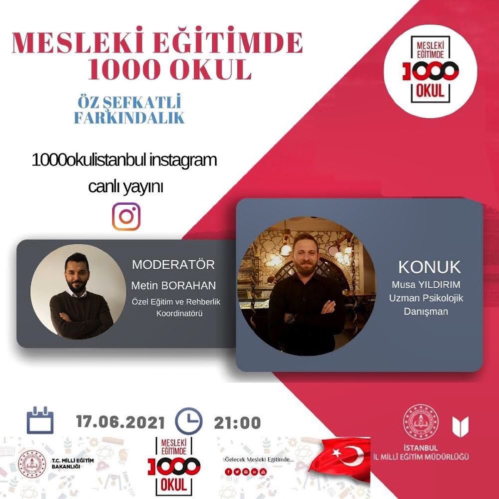 Mesleki eğitimde 1000 okul projesi kapsamında her hafta Perşembe akşamı düzenli olarak gerçekleştirdiğimiz programların bu haftaki konuğu uzman psikolojik danışman Musa YILDIRIM olacak ve kendisiyle Öz Şefkat üzerine konuşacağız. <a href="/memleventyazici/">Levent Yazıcı</a> @serkangur_ist