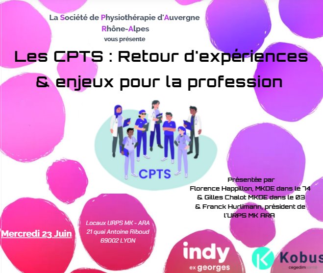 👥[Les CPTS - Retour d'expériences &amp; enjeux pour la profession]👥
La SPARA, vous propose une conférence sur le thème des CPTS.

La conférence se déroulera
📅le 23 Juin à 20:00
📍à l'URPS MK ARA - 21, Quai Antoine Riboud 69002 Lyon

➕d'info et billeterie👉cutt.ly/fnXv3Mt