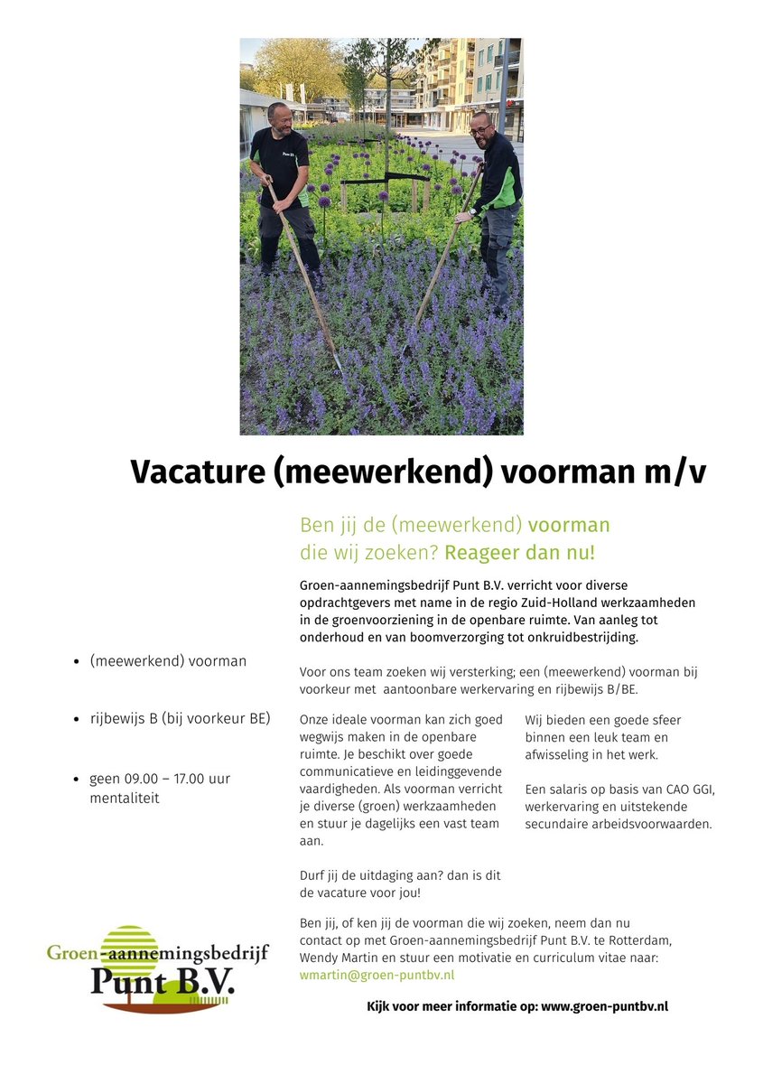 Ben jij de voorman die Groen-aannemingsbedrijf Punt B.V zoekt?  Reageer dan nu..