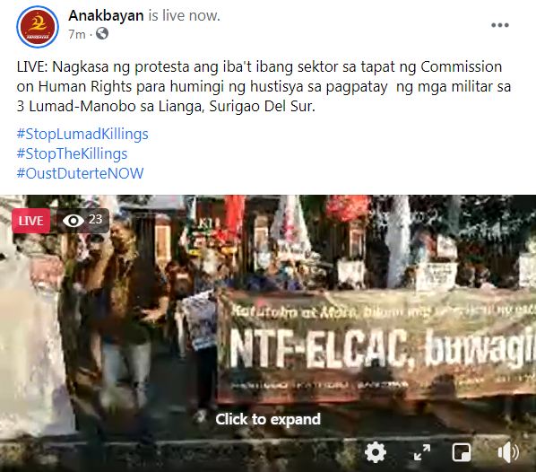Live tweeting thread ahead ⬇️

LIVE: Nagkasa ng protesta ang iba't ibang sektor sa tapat ng CHR para humingi ng hustisya sa pagpatay ng mga militar sa 3 Lumad-Manobo sa Lianga, Surigao Del Sur.

Link: fb.watch/6aPmVye0JS/

#StopLumadKillings
#StopTheKillings
#OustDuterteNOW