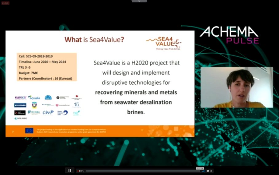 Sea4value's tweet image. Sea4Value was introduced by our coordinator institution @Eurecat_news during #ACHEMApulse live days in the presentation &quot;Recovery of #minerals and #metals from seawater desalination plants. A new source of raw materials&quot;  #CircularEconomy #innovation #seawater #brine