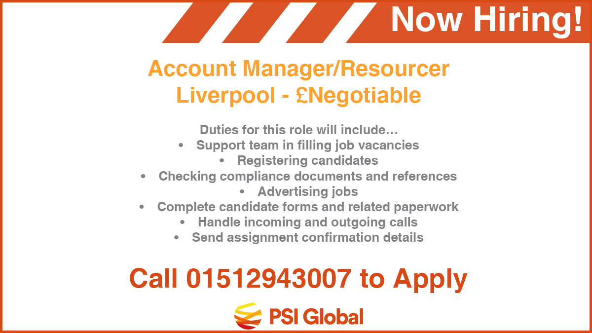 PSI_Recruitment's tweet image. We're looking for an Account Manager/Resourcer to join our team in Liverpool!
 
You'll need previous experience in a recruitment, sales or customer service role, and be comfortable in a fast-paced environment. If interested call 01512943007 to apply! #NowHiring #LiverpoolJobs