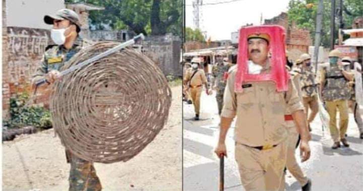 ndtv's tweet photo. A senior police officer has been suspended in UP's Unnao after cops used a plastic stool and a wicker basket as anti-riot gear while trying to stop a protest yesterday. https://t.co/asPreAh3N5