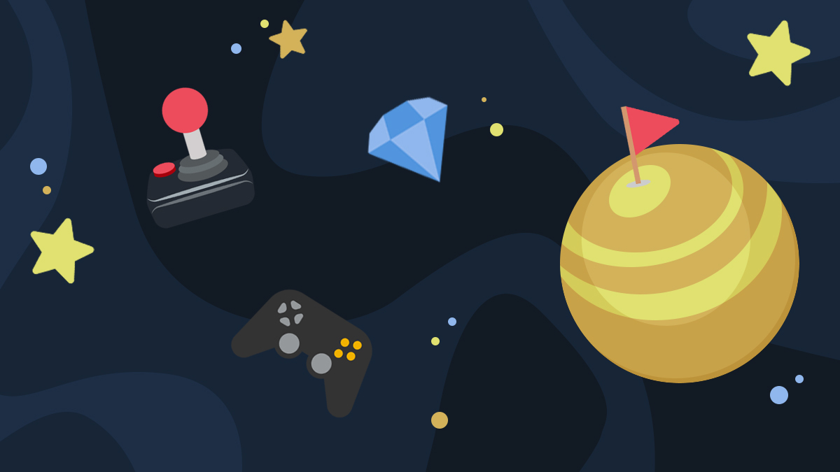 Vector art illustration of space with stars and planets. Floating through space are emojis of a diamond, a game controller and a joystick.