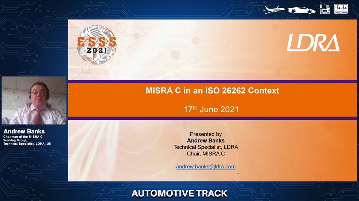 ESSSUMMIT's tweet photo. Andrew Banks, Chairman of the #MISRA C Working Group, Technical Specialist, @ldra_technology, UK presenting LIVE in the #AUTOMOTIVE track at #esss21virtual. JOIN IN - https://t.co/GZmgV2knTp https://t.co/KARL0kaDEt