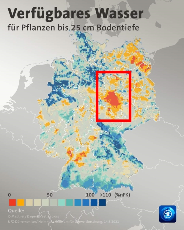 reinboth's tweet photo. Ich habe die geografische Lage des Bundeslands, in dem zur #LTWLSA 75% der Bevölkerung laut einer repräsentativen Umfrage des ZDF die Ansicht vertraten, es gäbe "viel größere Probleme als den #Klimawandel", in dieser ARD-Karte einfach mal rot markiert (via @ForscherRobert) #Klima https://t.co/Iu0POU4rRE