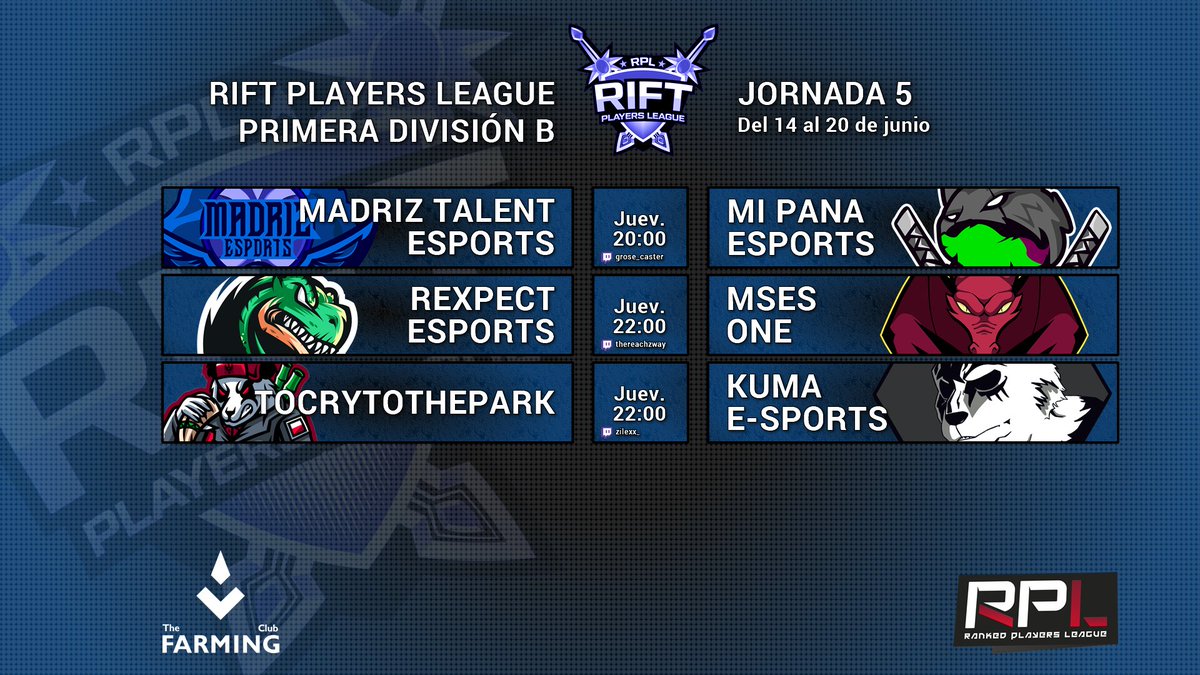 ¡Partidos de hoy del grupo B de #RiftPrimera!

⚔️ #MadrizTalent vs. <a href="/MiPana_eSports/">Mi Pana eSports</a> 
⚔️ <a href="/Rexpectesports/">ReXpect Esports</a> vs. @mses_sports 
⚔️ <a href="/ToCryToThePark2/">ToCryToThePark</a> vs. <a href="/KumaEsports/">Kuma E-Sports</a>