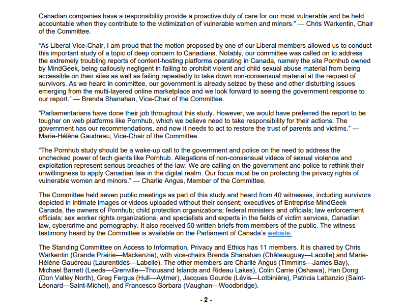 BREAKING: Ethics Committee calls for Canada to mandate that content-hosting platforms operating in Canada require affirmation from all persons depicted in pornographic content, before it can be uploaded, that they are 18 years old or older &amp; that they consent to its distribution.