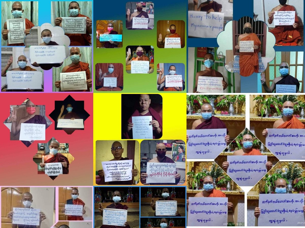KaungKhantHto10's tweet photo. For the people who do not own their own houses, the monks recited  Metta Sutta and Morat Sutras to demand an immediate end of military dictatorship at night on June 17.

#June17Coup #WhatsHappeningInMyanmar #OurGovernmentNUG https://t.co/P7LX9sn7BI