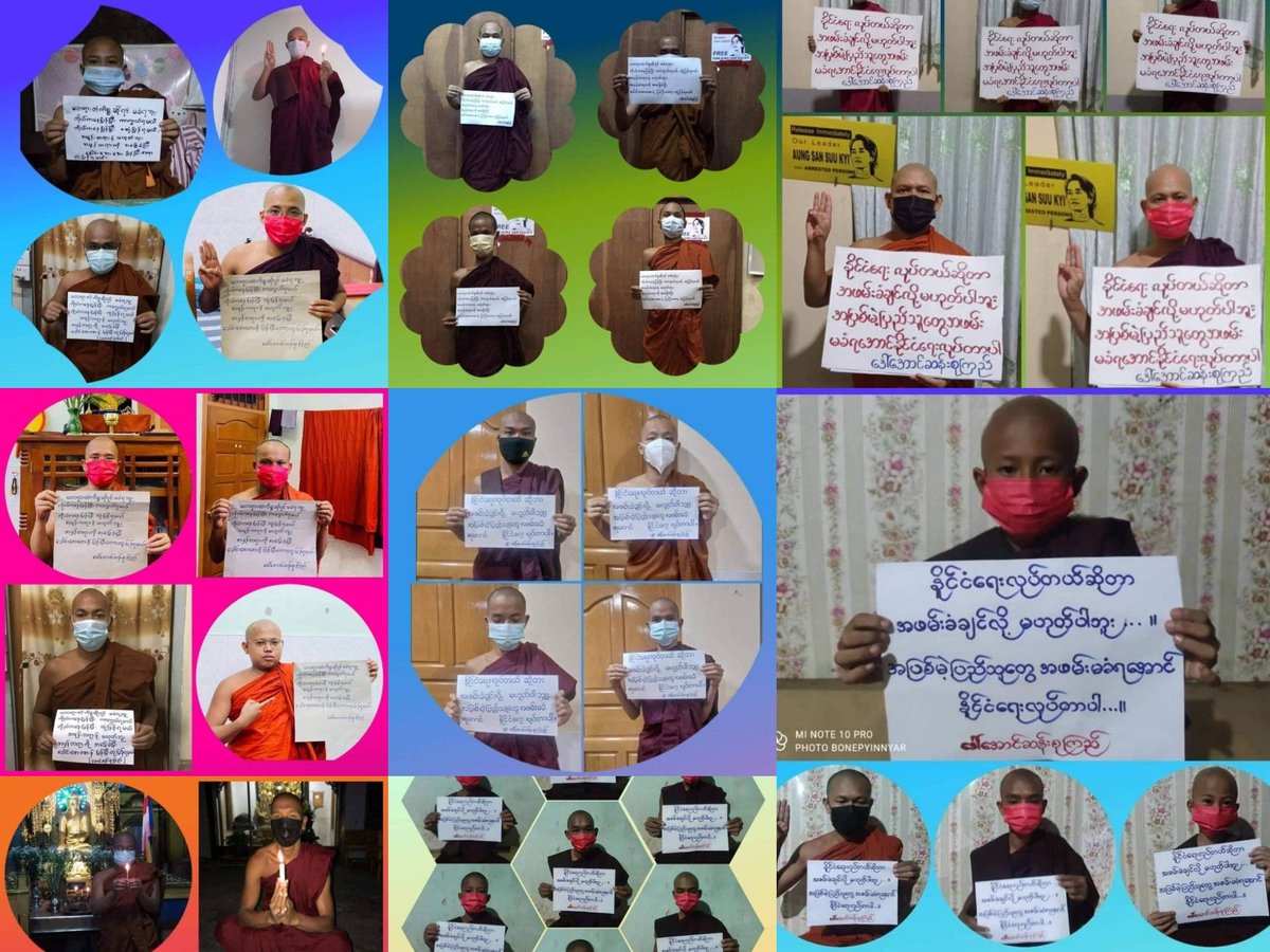 KaungKhantHto10's tweet photo. For the people who do not own their own houses, the monks recited  Metta Sutta and Morat Sutras to demand an immediate end of military dictatorship at night on June 17.

#June17Coup #WhatsHappeningInMyanmar #OurGovernmentNUG https://t.co/P7LX9sn7BI
