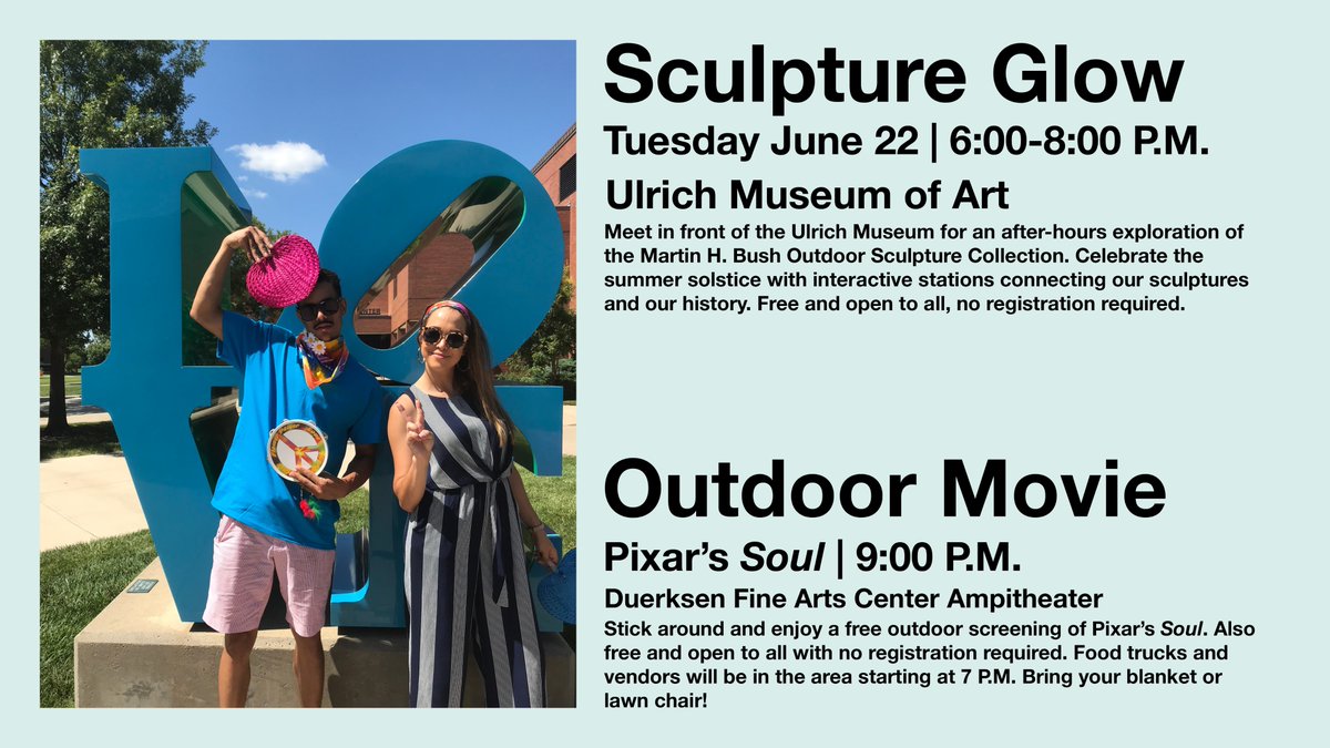 UlrichMuseum's tweet photo. We are partnering w/ @WichitaState's Strategic Engagement &amp; Planning, @wsu_involvement, @MamaFilm1, @WSUShiftSpace, &amp; others on 2 exciting events TUESDAY! Join us at the Ulrich from 6-8 P.M. for a fun tour of our outdoor sculpture collection. Stay for the free outdoor movie at 9! https://t.co/h73UnXqaTS