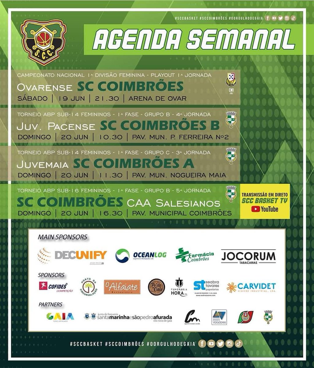 SCCbasket's tweet photo. 𝗔𝗚𝗘𝗡𝗗𝗔 𝗦𝗘𝗠𝗔𝗡𝗔𝗟 𝗦𝗖𝗖 𝗕𝗔𝗦𝗞𝗘𝗧🏀⛹️‍♀️🏆 𝟭𝟴 𝗮 𝟮𝟬 𝗱𝗲 𝗷𝘂𝗻𝗵𝗼 𝗱𝗲 𝟮𝟬𝟮𝟭

Marca já na agenda todos os jogos das nossas equipas.

O Orgulho de Gaia!!! ⚫💚⚫

#SCCBasket #SCCoimbrões #OOrgulhoDeGaia #Basquetebol #Season2021 https://t.co/kdrad9O1bK