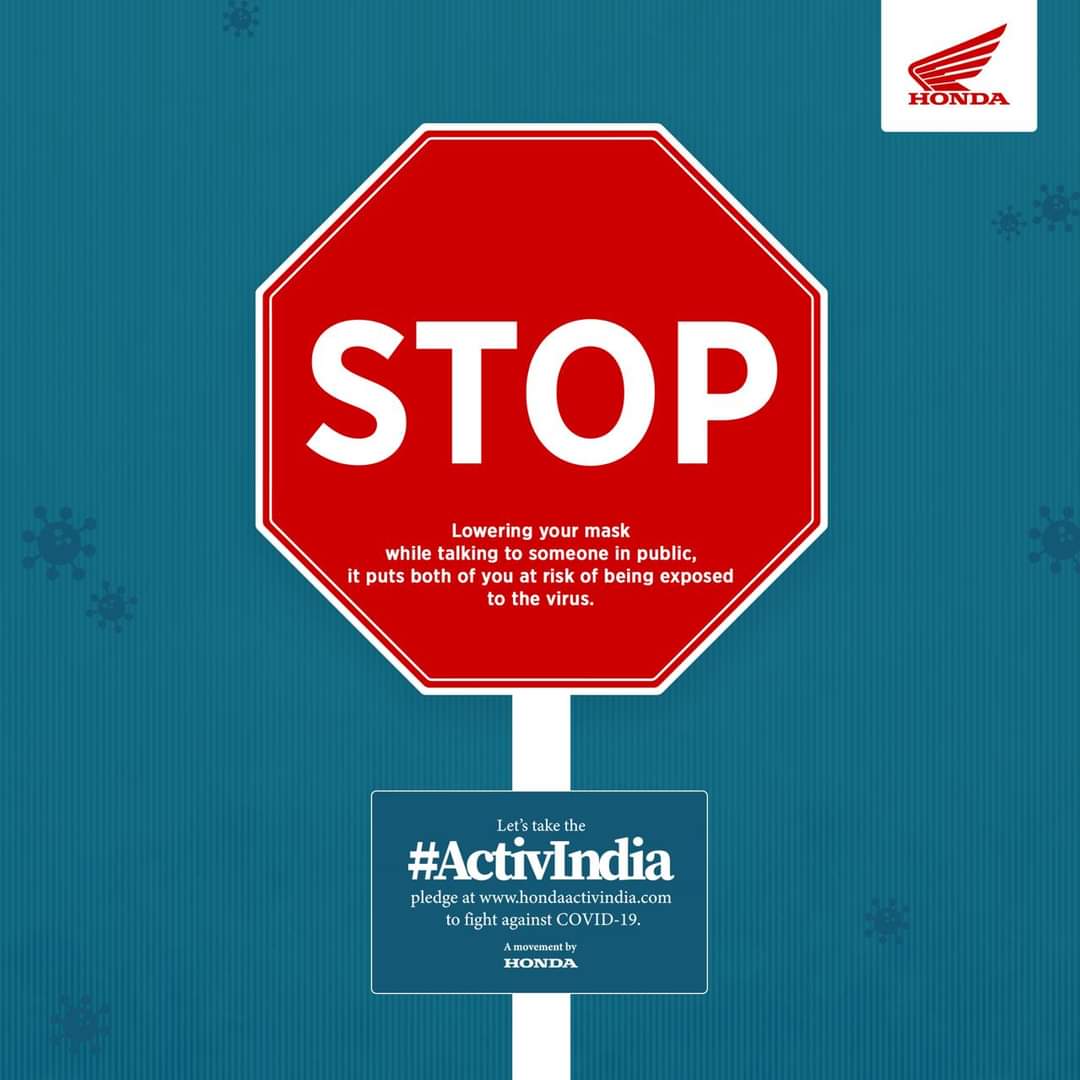 HondaMariyo's tweet photo. Ensure to not lower your mask while speaking in a public place. Tag the offenders and take the #ActivIndia pledge to reduce the risk of viral transmission by following all safety protocols. To take the #ActivIndia pledge today, please visit https://t.co/L7YXh2r6Sc. https://t.co/fi9HHyL4ot