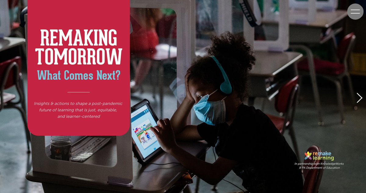 What comes next as we #RemakeTomorrow?

We partnered with <a href="/knowledgeworks/">KnowledgeWorks</a>, <a href="/PADeptofEd/">PA Department of Education</a>, &amp; educators across the state to gather insights &amp; recommendations for a post-pandemic future of learning that is just, equitable, and learner-centered: bit.ly/remakingtomorr…. #RemakeLearning