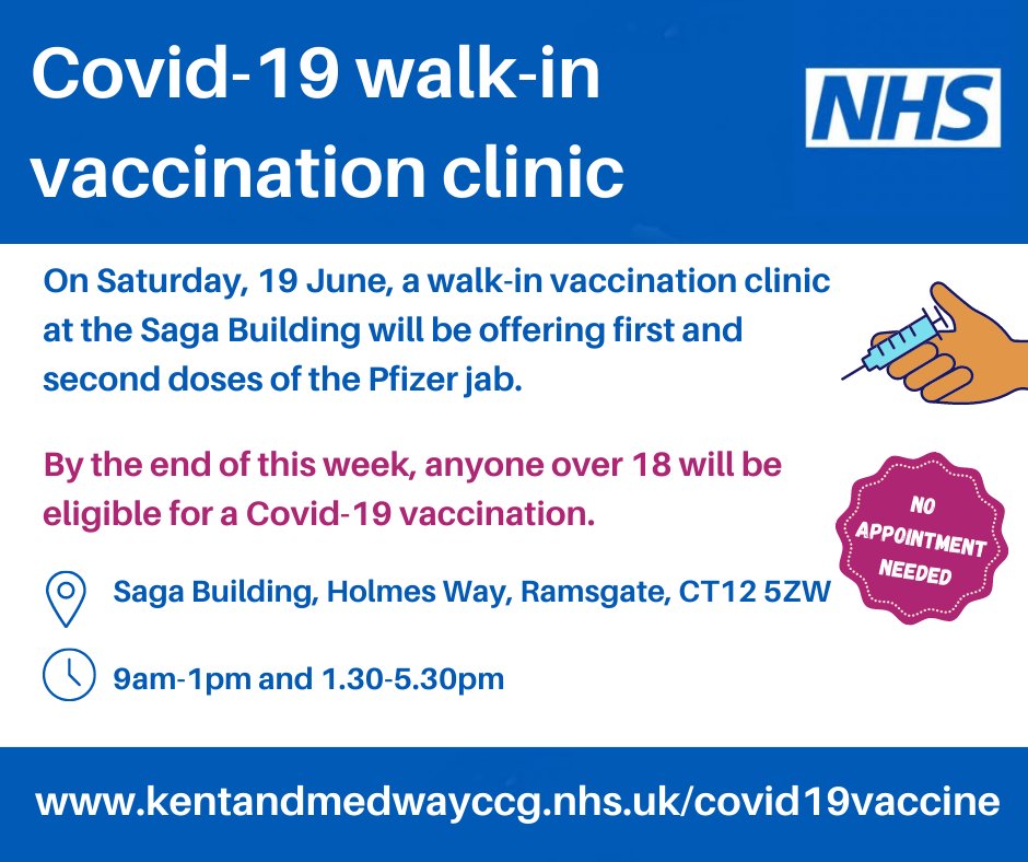 NHSKentMedway's tweet image. WALK-IN COVID-19 VACCINATION CLINIC IN #Thanet THIS SATURDAY.
💉Open from 9am-1pm and 1.30-5.30pm, the clinic will be delivering Pfizer jabs at the Saga Building in Holmes Way #Ramsgate.
💉No appointments needed to get your #Covid19Vaccine
Please RT
