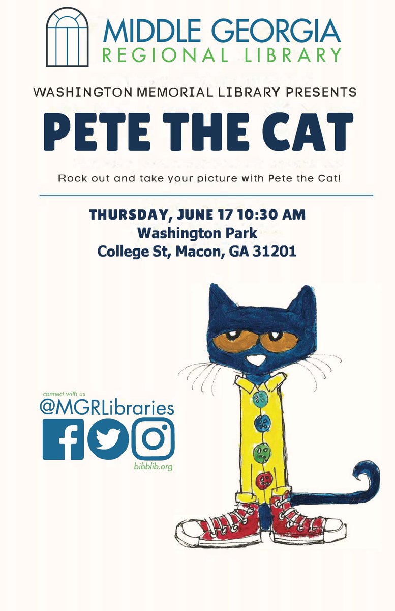 MGRLibraries's tweet photo. Pete the Cat has arrived at Washington Park! Come Rock out with Pete and sing his song 🎶 'I Love my White Shoes'! https://t.co/xGWA0r5328