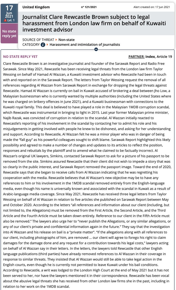 #SLAPPs #UK: We <a href="/IndexCensorship/">Index on Censorship</a> are extremely concerned at the legal harassment of investigative journalist &amp; founder of <a href="/sarawak_report/">Sarawak Report</a>, Clare Rewcastle Brown, who is being targeted for her investigative reporting on the 1MDB scandal.

We have filed a <a href="/CoEMediaFreedom/">Council of Europe Media Freedom</a> alert ⤵️