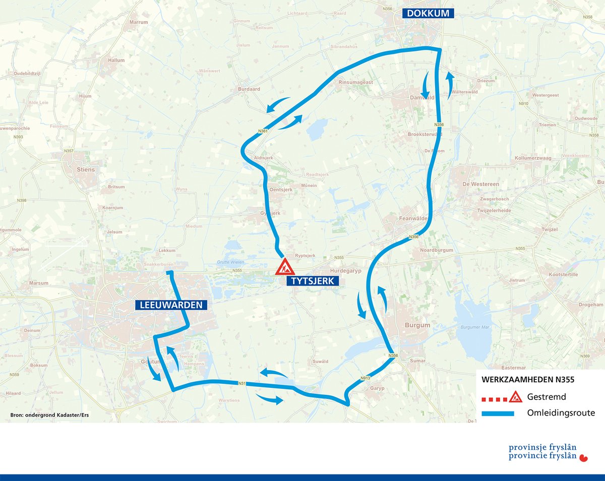 provfryslan's tweet photo. Vanaf donderdag 24 juni 18:00 uur t/m maandag 28 juni 06:00 uur is de kruising #N355/ #N361 (E10) en de weg van de kruising tot Hurdegaryp afgesloten. Het verkeer tussen Leeuwarden en Hurdegaryp/Dokkum wordt omgeleid via de Wâldwei (N31), N913 en de Centrale As (N356). https://t.co/o47UTTqY8E