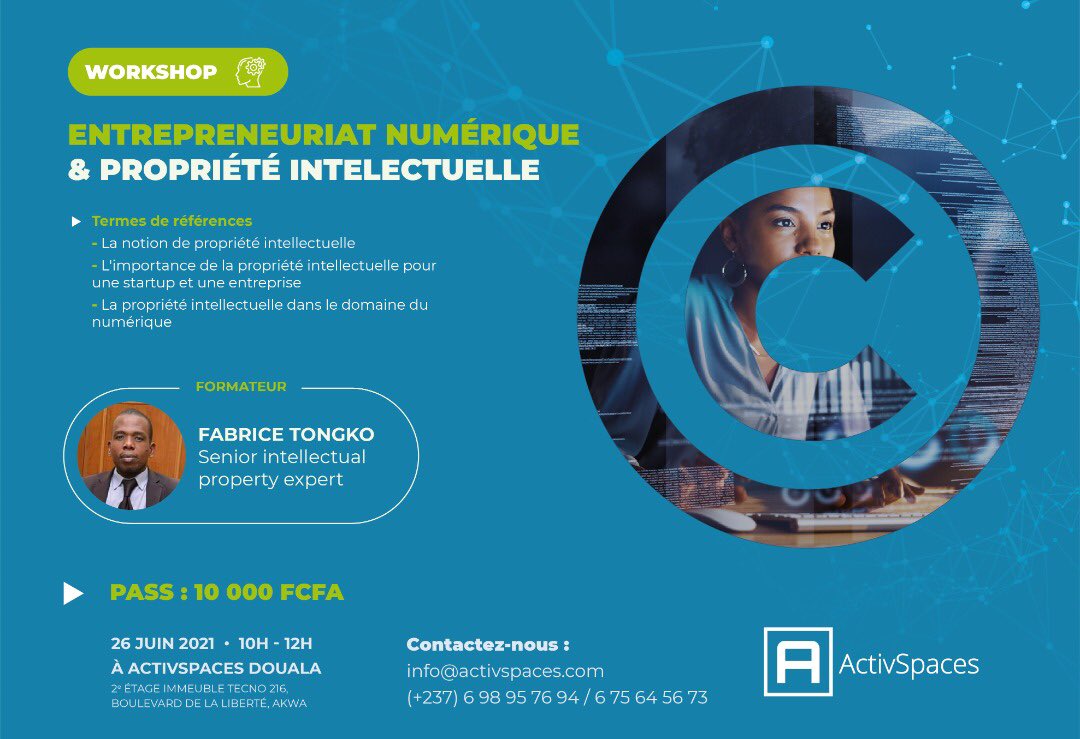 ActivSpaces's tweet image. Le 26 Juin 2021, 10h #ASMasterclass  propriété intellectuelle:
• Animateur: Fabrice NTONGKO, expert OAPI.
•Pass: 10.000F
•Pré-enregistrement: epass.cm/ev/2713983613

Petit thread pour tester votre besoin de cette Masterclass ? Répondez à ce quiz👇 (1/6)