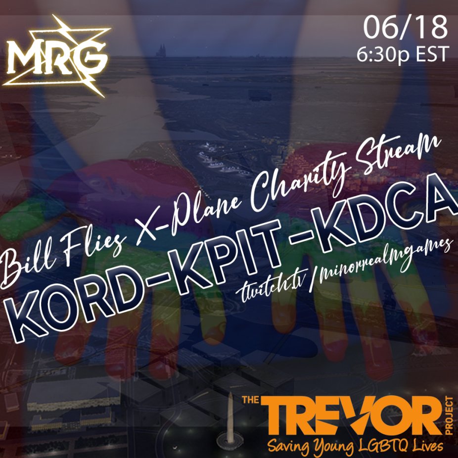 Work and life has been keeping us all pretty busy this week, so we can't wait to blow off a little steam Friday with a #flightsim #chillstream to raise money for the Trevor Project! Bill's flying Chicago->Pittsburgh->DC so come aboard and kick your weekend off!