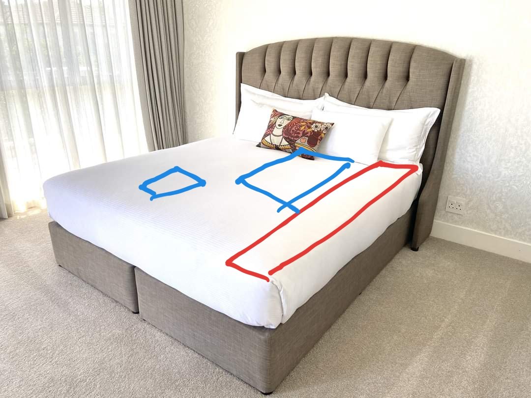 BrettAtLarge's tweet image. We have a new bed! Finally! 👌

My allocated area is in red. Popcorn our dog&apos;s in blue 🙄🙄🙄 #bedproblems #newbed #marriedlife